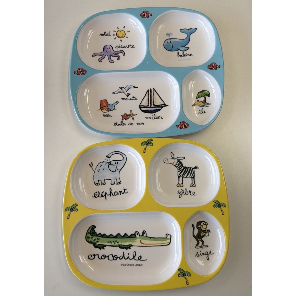 2 Baby Cie Divided Melamine Dishes Plates Ocean & Zoo Animals in French